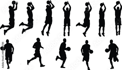Basketball player silhouette set, jumping shooting dribbling poses, sports action vector collection, athletic motion, training exercise, isolated black figures