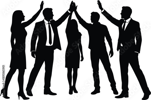 Business team silhouette high five, success celebration teamwork concept, corporate collaboration figures, leadership motivation, isolated black vector illustration