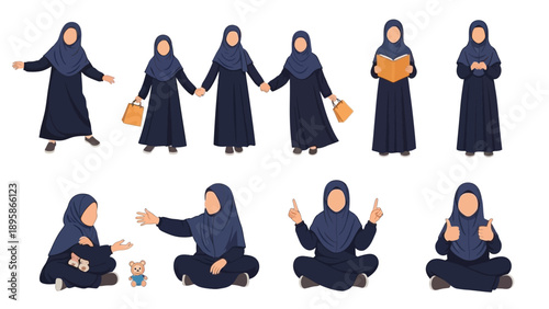 Diverse Muslim women in various poses and activities
