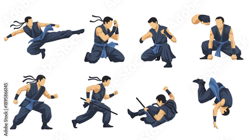 Martial arts instructor demonstrating various kung fu techniques dynamically