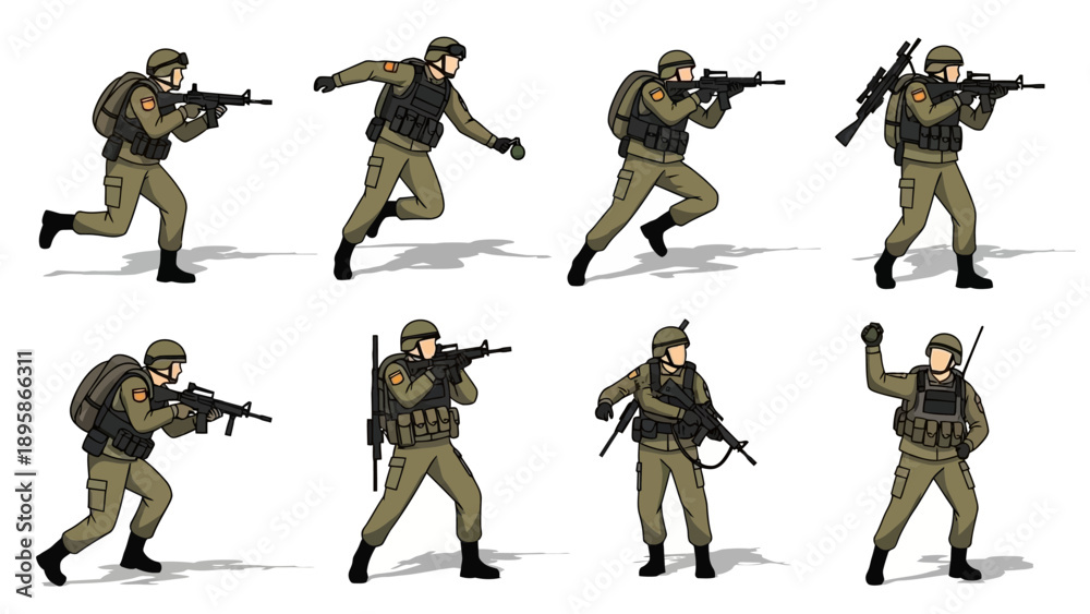 Fototapeta premium Soldiers in tactical gear performing various combat actions
