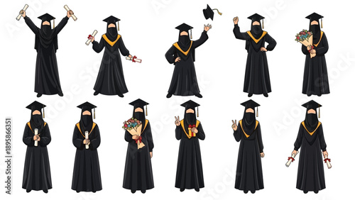 Muslim woman in various graduation poses with diploma and flowers