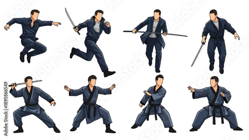 Martial arts poses with sword and uniform
