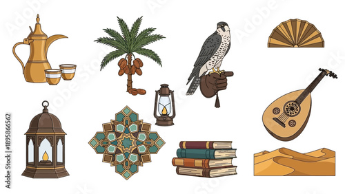 Middle Eastern cultural elements set with traditional symbols