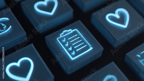 A close-up view of illuminated keyboard keys featuring various icons, including a checklist, symbolizing organization and digital interaction.