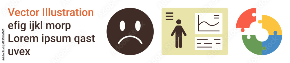 Obraz premium Data analysis, emotional health, teamwork, reports, problem-solving, visual aids. Sad face, person with data charts colorful pie puzzle. Emotional health and teamwork concepts