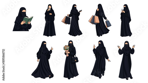 Diverse Muslim woman in various everyday activities and poses
