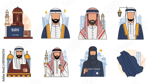 Diverse Arab people using technology with cultural elements