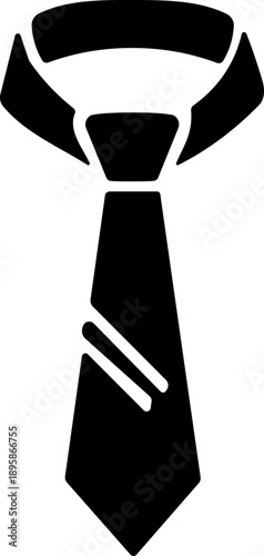 Black necktie and shirt collar icon with stylized knot and curved flaps for business and formalwear design content