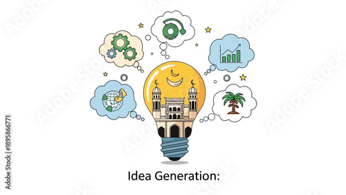 Lightbulb with mosque and thought bubbles for idea generation