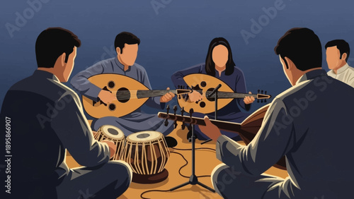 Group of musicians playing traditional Middle Eastern instruments together