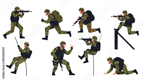 Soldier in various tactical positions with weapons and gear