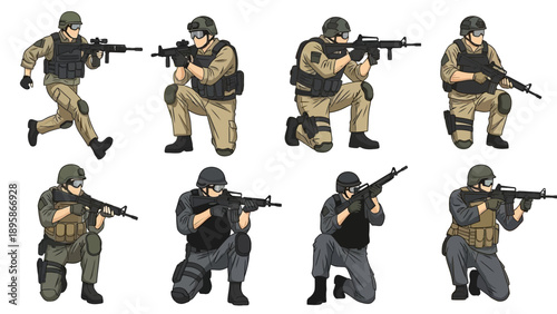 Soldiers in various tactical positions with guns and helmets