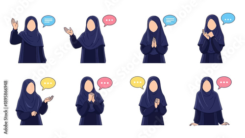 Muslim woman in hijab with various gestures and speech bubbles