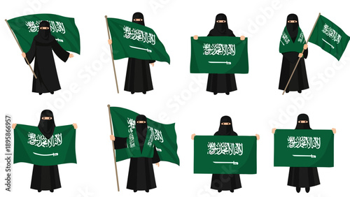 Saudi Arabian woman holding national flag in various poses
