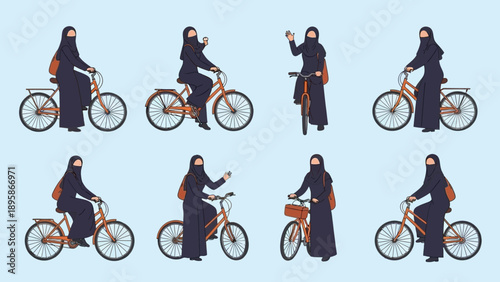 Woman in hijab riding bicycle in various positions freely