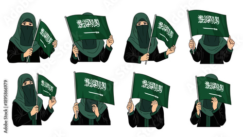Muslim woman holding Saudi Arabian flag in various poses
