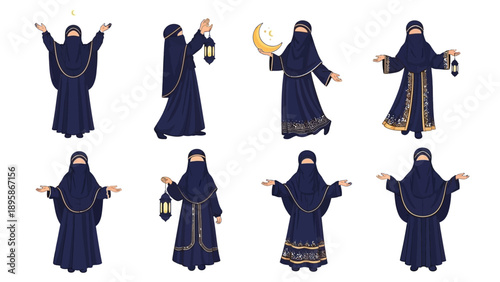 Vector illustration of woman in various hijab poses