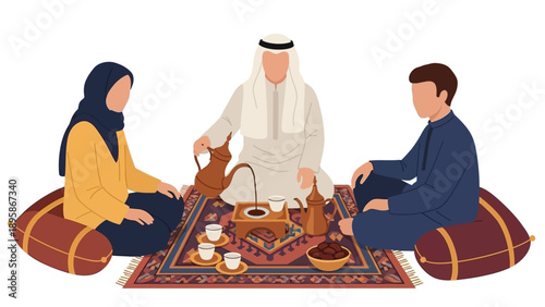 Three people enjoying traditional Middle Eastern coffee ceremony together