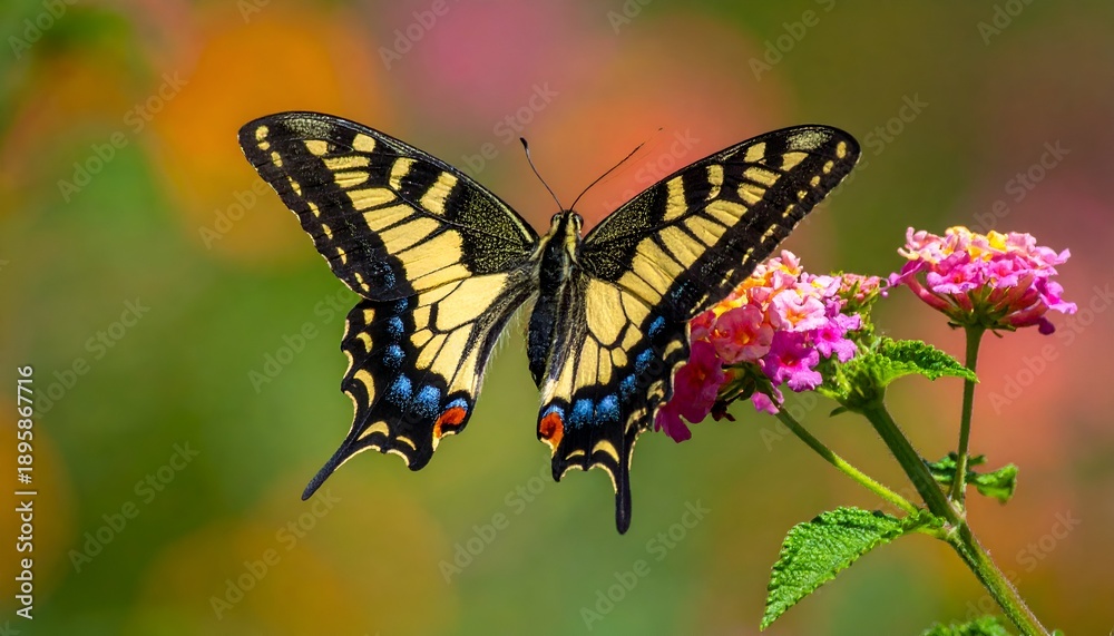 Naklejka premium Butterfly with yellow wings and blue accents perched on pink flowers, blurred green and orange background creates soft contrast