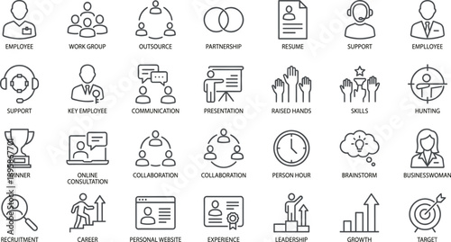 Human resources line icons set featuring recruitment teamwork leadership communication outsourcing career growth business management flat vector illustration design symbols