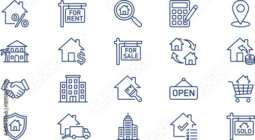 Real estate line icons set featuring rent sale property investment mortgage location agreement housing symbols flat vector illustration