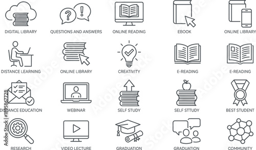 Online education and digital learning line icons set featuring ebook webinar distance education research graduation community flat vector illustration