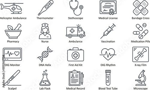 Medical healthcare line icons set featuring ambulance nurse stethoscope pharmacy vaccination laboratory equipment diagnostics emergency symbols flat vector outline illustration