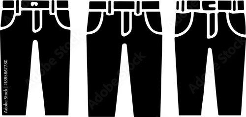 Set of three pants icons with varied waistbands, pockets, and leg styles for fashion, apparel, and wardrobe design themes