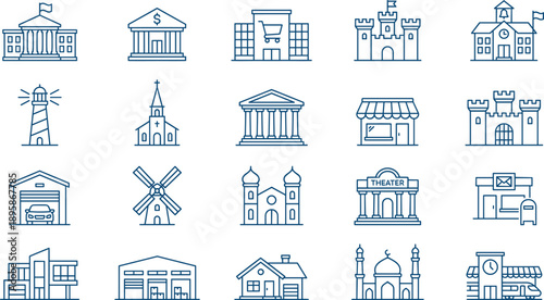 City buildings and landmarks line icon set with architecture, public places, urban infrastructure symbols, editable stroke vector illustration