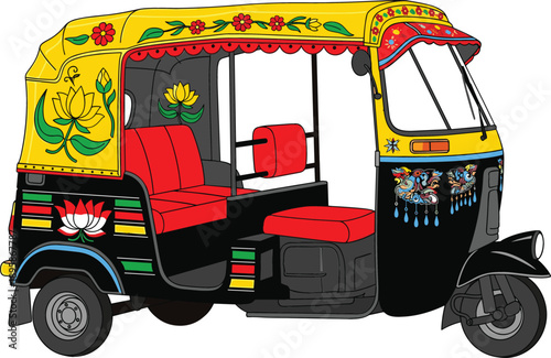 Colorful Decorative Indian Auto Rickshaw Tuk Tuk Vector Illustration Featuring Traditional Hand Painted Floral Art And Red Seats