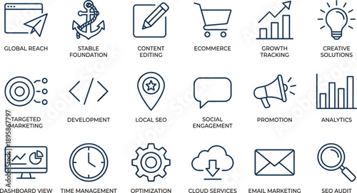 Digital marketing and SEO line icon set with analytics, ecommerce, content, growth strategy symbols, editable stroke vector illustration