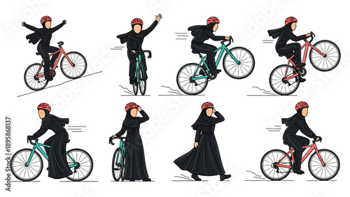Muslim woman riding bicycle in different poses and actions