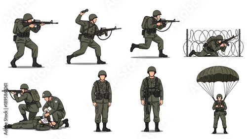 Vector illustration of soldiers in various combat positions