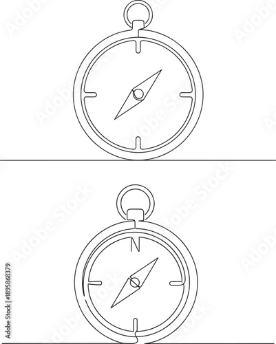 Detailed illustration of two pocket watches with reflective surfaces in continuous line drawing style