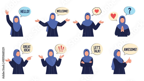 Vector illustration of woman in hijab with speech bubbles