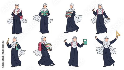Muslim woman in hijab with books and backpack in various poses