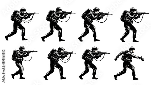 Soldier in various combat positions with a rifle vector