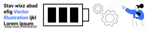 Energy management, productivity, workflow optimization, technology analysis, charging process, system operations. Battery icon, gears and person pointing. Energy management and productivity concept