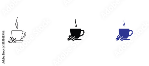 Scattered coffee bean icons in outline, solid glyph, and blue flat styles