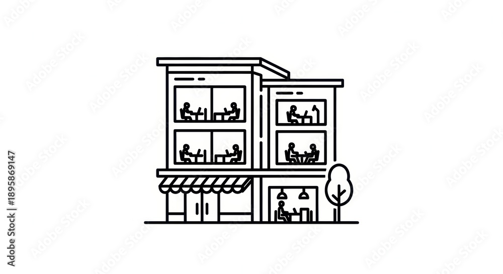 Fototapeta premium Modern Office Building Exterior with People Working Inside, Flat Design