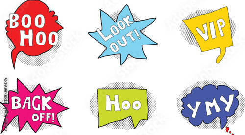 Colorful comic book style speech bubbles with various text