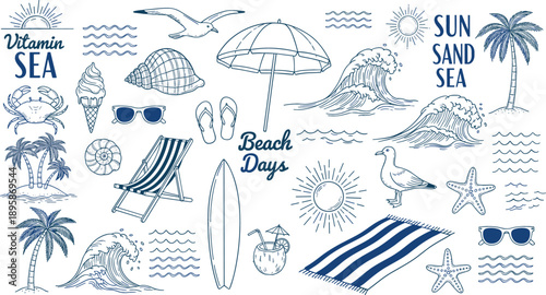 Hand drawn beach day vector set with sea shells starfish crab flip flops surfboard and summer vacation elements