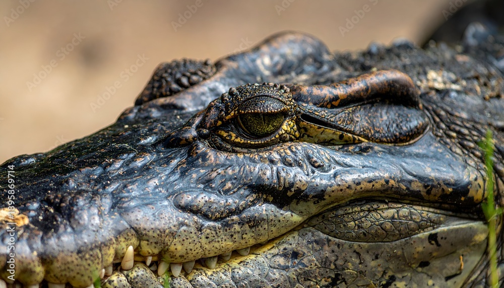 Fototapeta premium Close-up of a large crocodile's head shows intricate detail of its scales, teeth, and watchful, focused golden eye