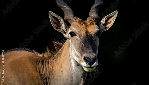 Close-up of a large eland with curved horns set against a dark background
