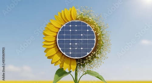 Sunflower with Solar Panel Center, Sustainable Green Energy Concept, Renewable Power