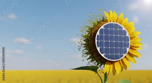 Sustainable Green Energy Concept of a Sunflower with a Solar Panel Center, Renewable Power and Eco-Friendly Technology Fusion