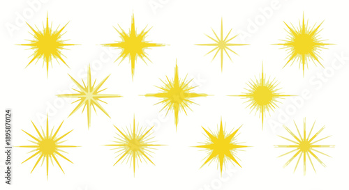 Cuadro en lienzo Collection of bright yellow starbursts and sparkles on a white background
