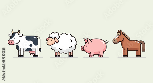 Cute cartoon illustration of sheep and pig farm animals, representing agriculture, rural life, children’s education, and friendly farm themes suitable for kids content, learning materials, and playful