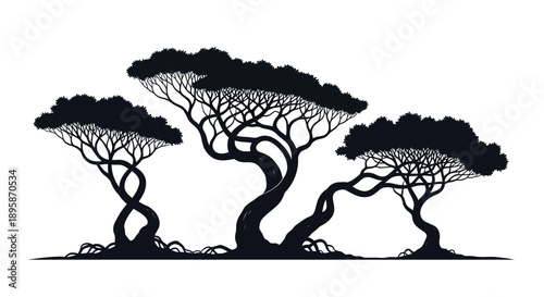 Black silhouette illustration of an African savanna tree landscape, representing nature, wildlife habitat, natural balance, and scenic environmental storytelling suitable for backgrounds, posters, and
